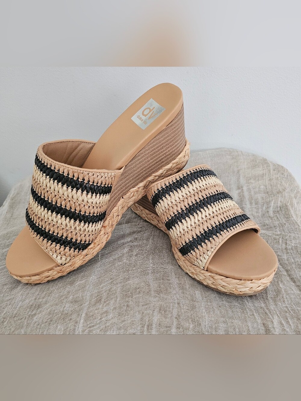 DV by Dolce Vita Natural and Black Woven Wedge Slide Sandals